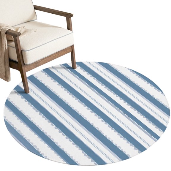 Blue Stripe Round Area Rug 6ft Modern Minimalist Lilac Bands Floral Notched Edges Non-Slip Washable Circle Rugs Soft Felt Indoor Floor Mat for Bedroom Kitchen Living Room Bathroom