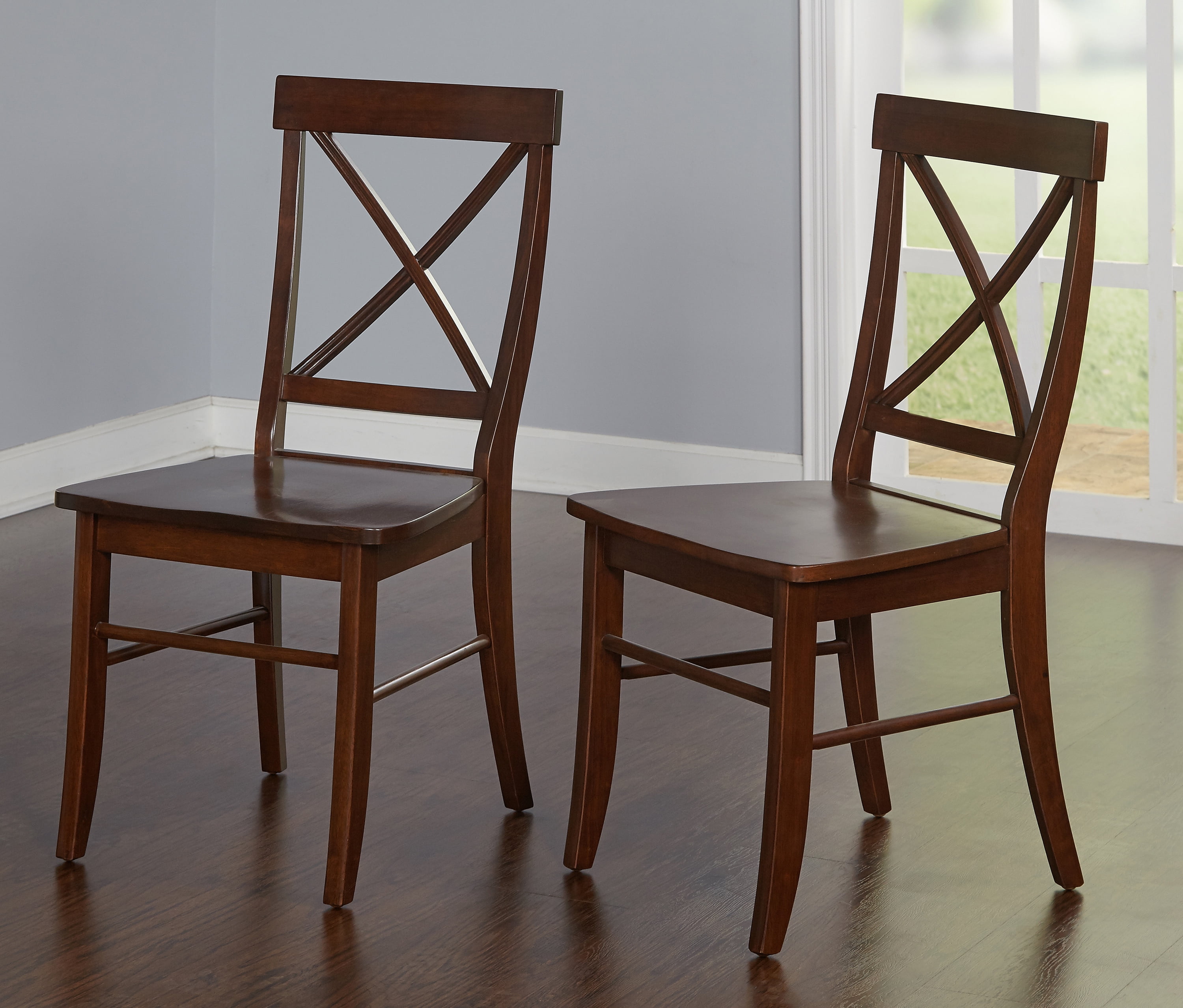 Rubberwood Cross Back Dining Side Chairs, Brown (Set of 2)