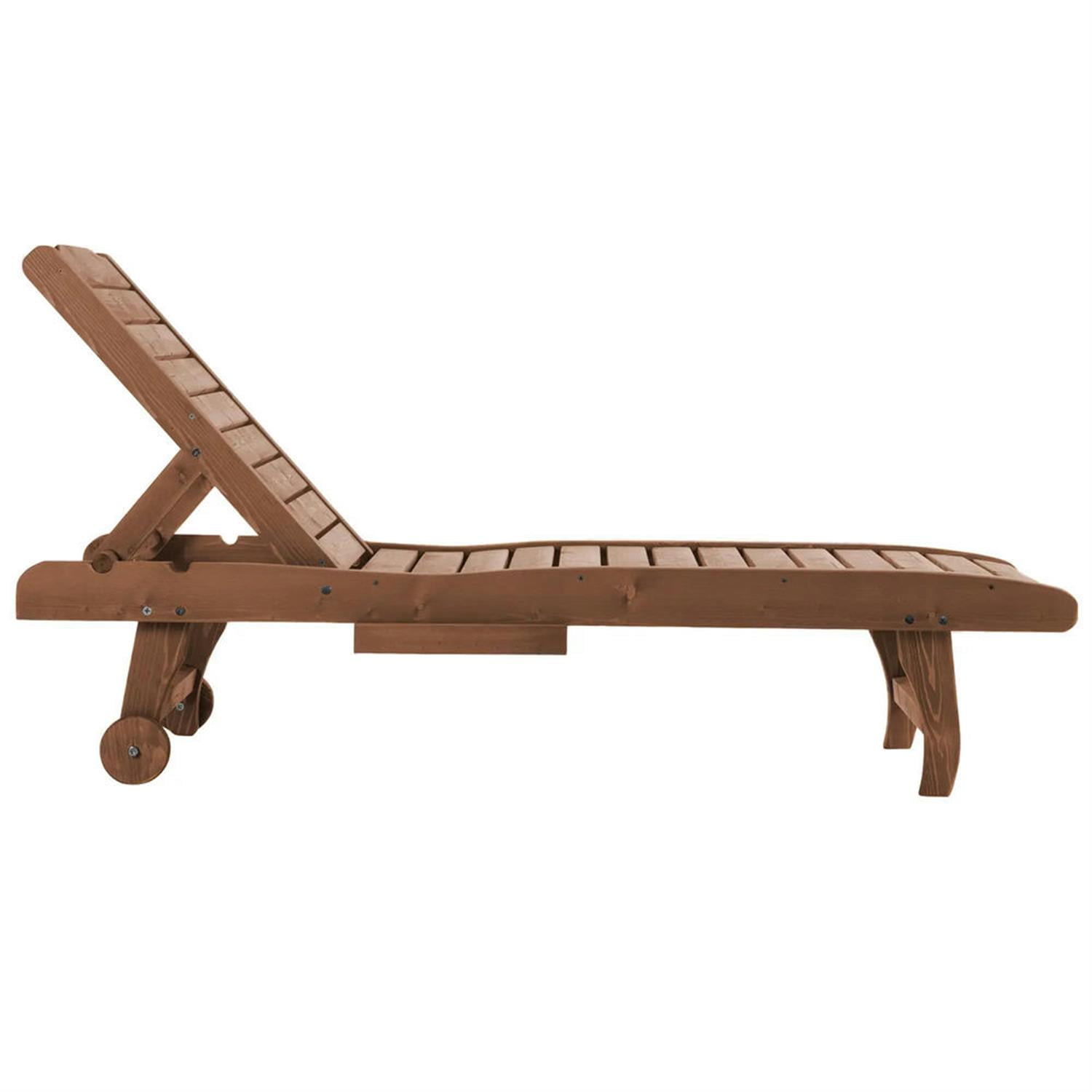 Demi Bonn Outdoor Wooden Chaise Lounge with 3-Position Backrest, Integrated Table & Casters for Beach Poolside Sunbather, Brown