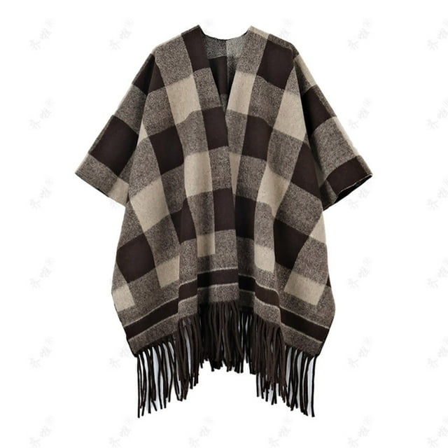 Capa de cuadros gruesos de visón sintético para mujer, talla grande, tejido con mangas, chal, versátil, Qipao, bufanda con borlas, capa para mujer