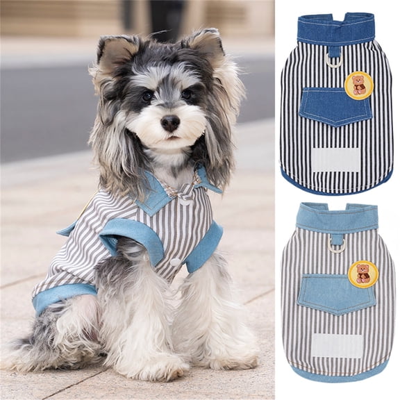 Striped Denim Dog Shirt with Built in D Ring for Leash Attachment, Cute Bear Embroidery Pet Vest Costume for Cats Small Medium Dogs, Lightweight Summer Outdoor Walking Vest Apparel