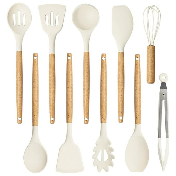 Juego de Utensilios de Cocina de Silicona, 10 Piezas, Espátula con de Madera.