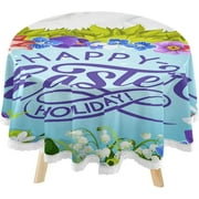 SKYSONIC Easter Bunny Greeting Round Tablecloth 60inch Indoor Wrinkle Free, Happy Holiday Circular Lace Table Cover Washable for Kitchen Party BBQ Dining Decor