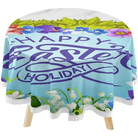 SKYSONIC Easter Bunny Greeting Round Tablecloth 60inch Indoor Wrinkle Free, Happy Holiday Circular Lace Table Cover Washable for Kitchen Party BBQ Dining Decor