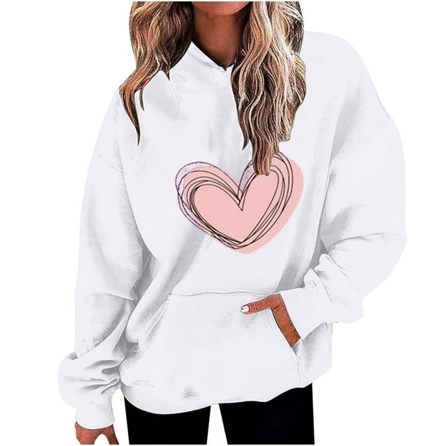 Plebaso Women's Heart Printed Hoodies Drawstring Long Sleeve Sweatshirts Loose Pullover Tops with Pockets