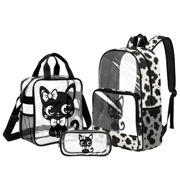 Kuiaobaty Cat Cow Print Clear Backpack and Pencil Case Set for Girls Clear Backpack and Lunch Bag Set See Through PVC Bookbag with Pencil Case for School