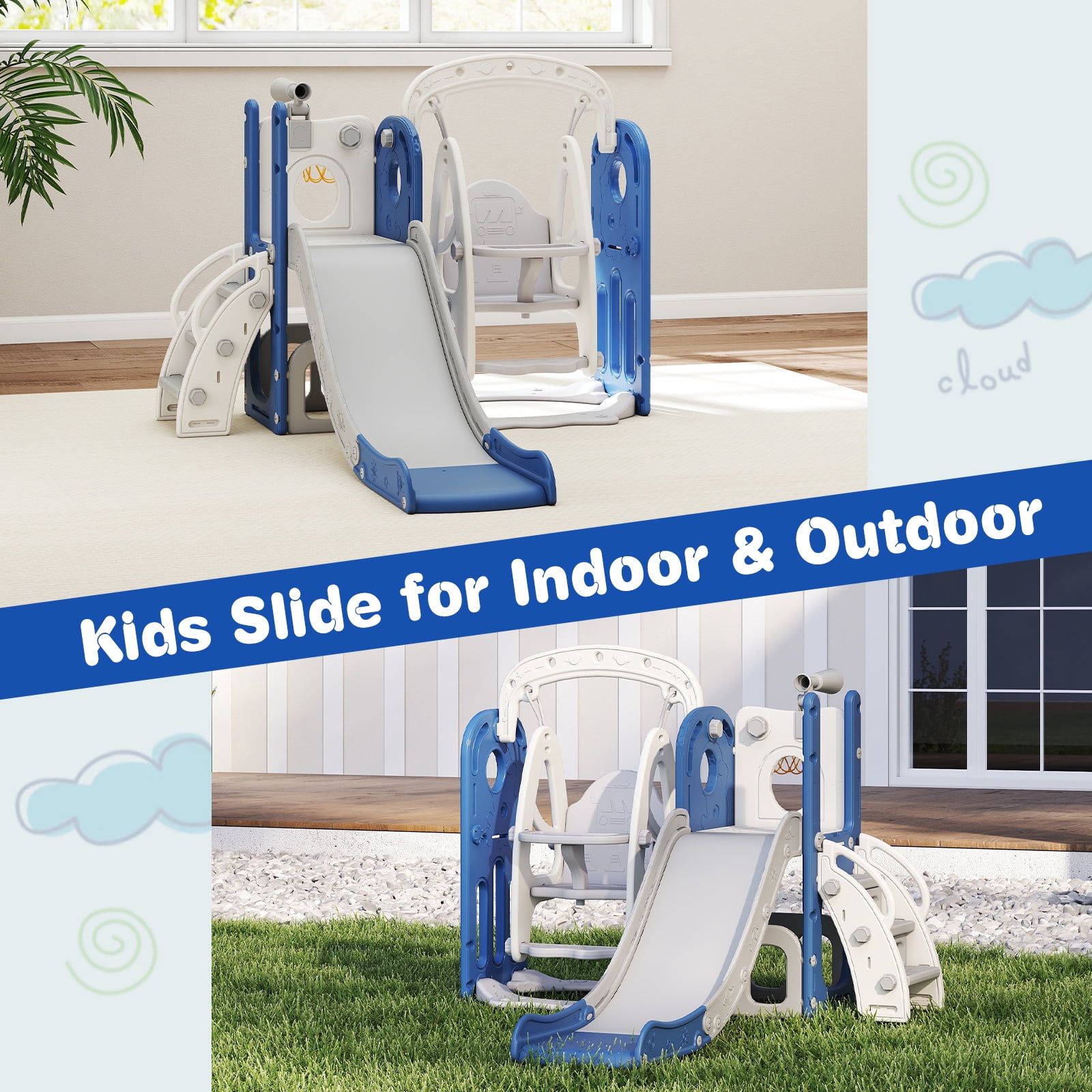 Kinsuite 7-in-1 Toddler Swing & Slide Set - Kids Slide for Toddlers 1-3 with Basketball Hoop, Swing, Ball, Storage Space & Telescope, Indoor & Outdoor Playground Playset (Blue)
