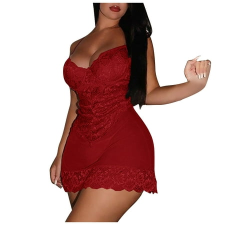 

YDKZYMD Corset Lingerie Sexy Plus Size Womens Babydoll V Neck Chemise Lace Mesh Pajamas for Women Red 2XL