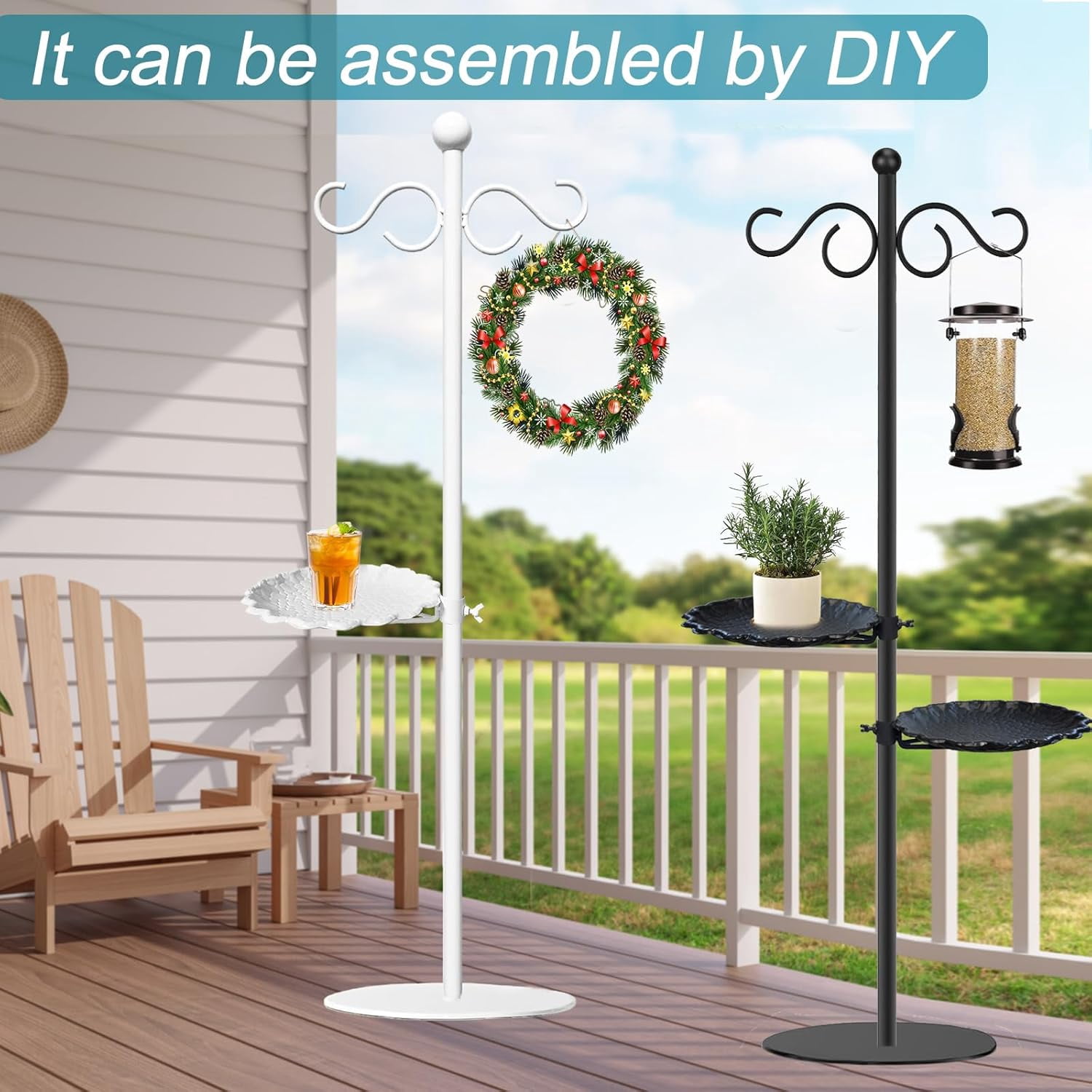 Upgraded 74" Shepherd's Hook for Bird Feeder,Floor Hanging Plant,Wind Chime Stand, Waterproof Metal& Adjustable-Height Standing Pole Holder for Lantern and Wreath, Indoor & Outdoor（2 Placement Racks)