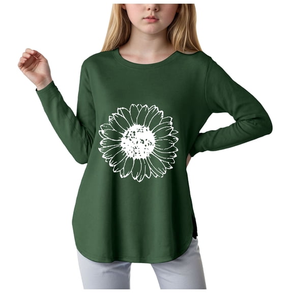 Povozer Long Sleeve for Kids Baby Clothes For Girls Long Sleeve Shirts Kids Curve Hem Side Slit Soft Tunic Tops Girls Fashion T Shirts,Size 7-8 Years,Green