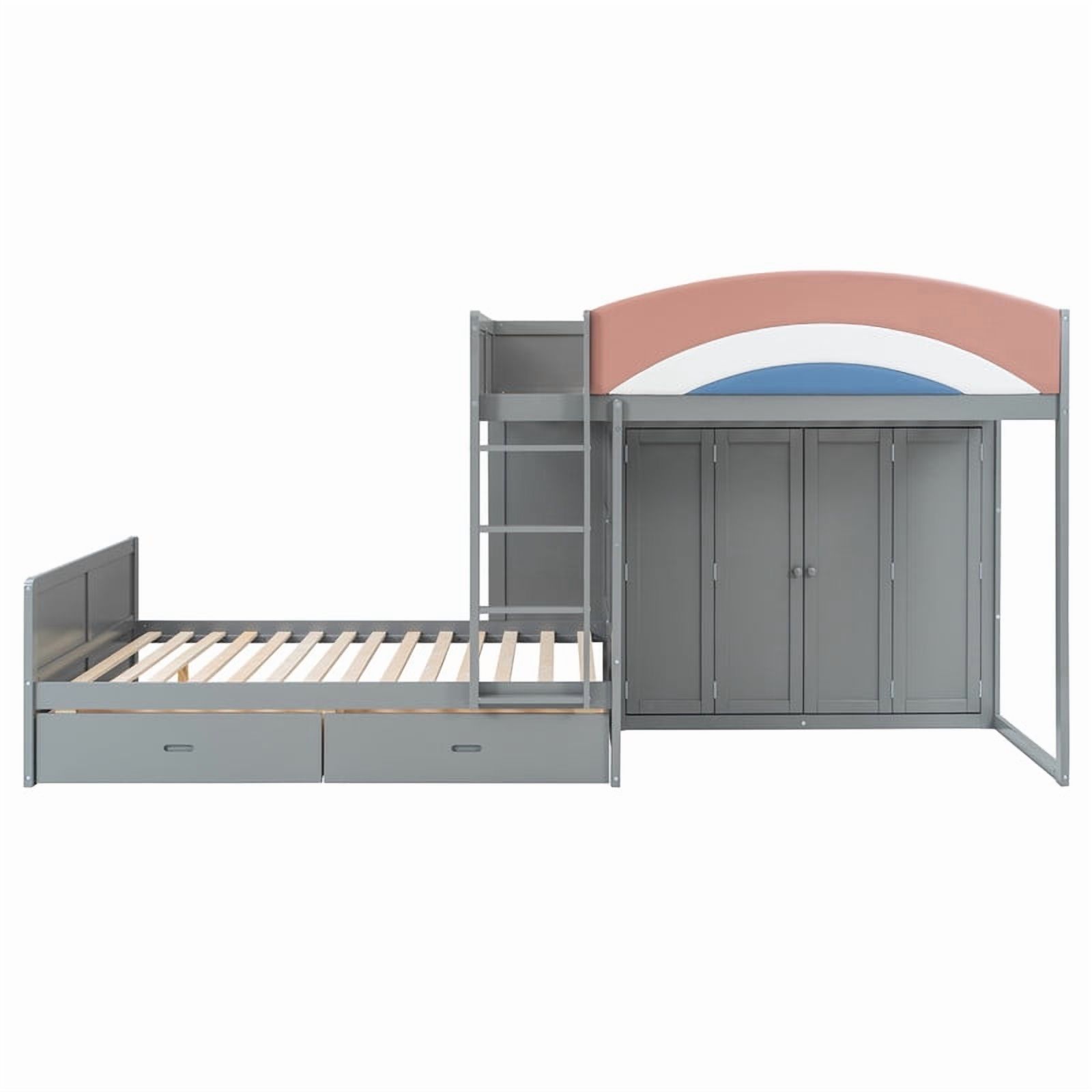Full-Over-Full Size Offset Bunk Bed with Wardrobe & Built-in Hanging Rod, Storage Kids Bed Frame with 2 Drawers & Guardrail