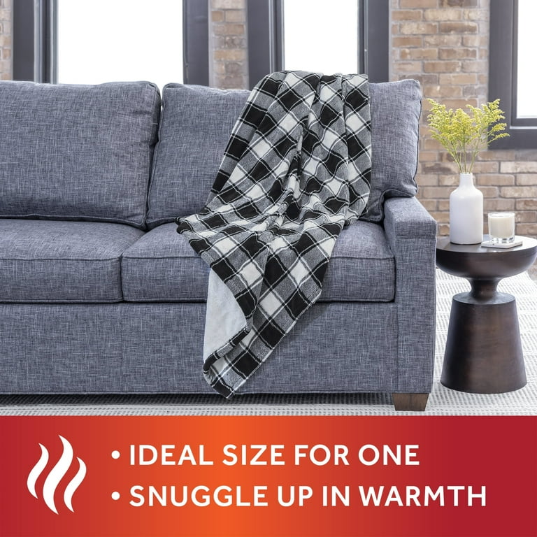 Sunbeam Heated Electric Throw Blanket Cozy Sherpa Black Buffalo Checker 50 x 60 Walmart