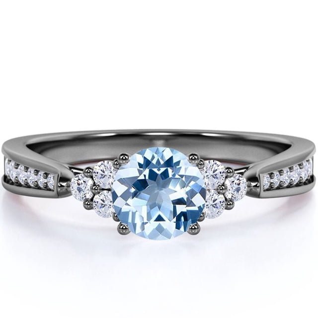 JeenMata Anillo de Compromiso Sencillo y Cónico con Aguamarina Azul Cielo de 1 Quilate en Oro Negro de 18 K sobre Plata