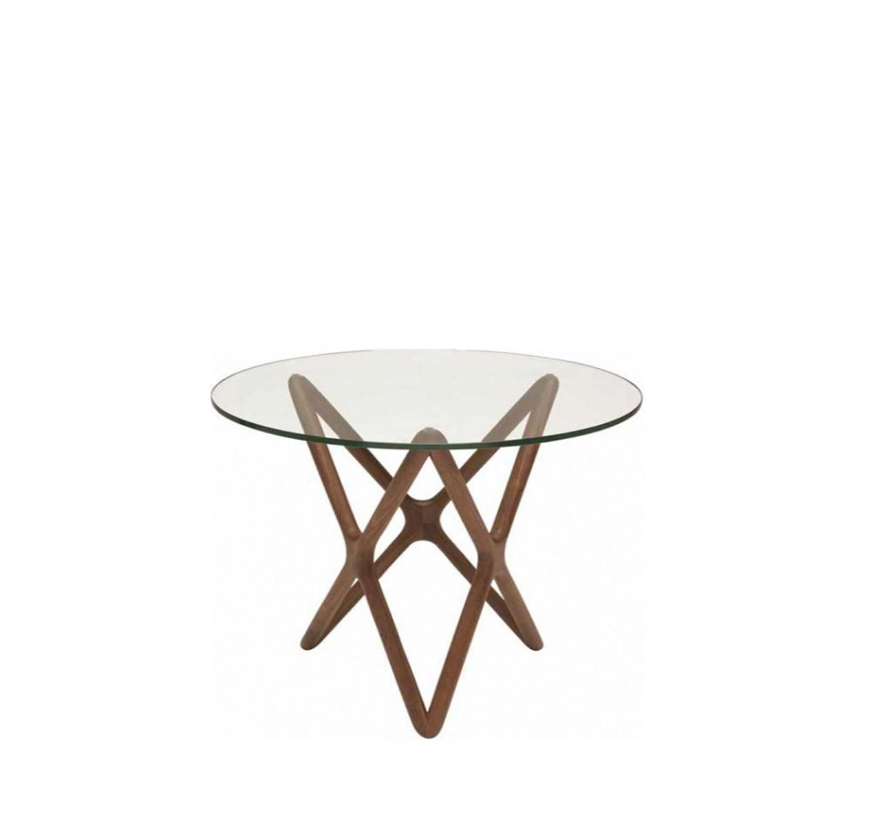 Table de bout d'étoile, dessus en verre, base en bois. Table idéale pour les salons