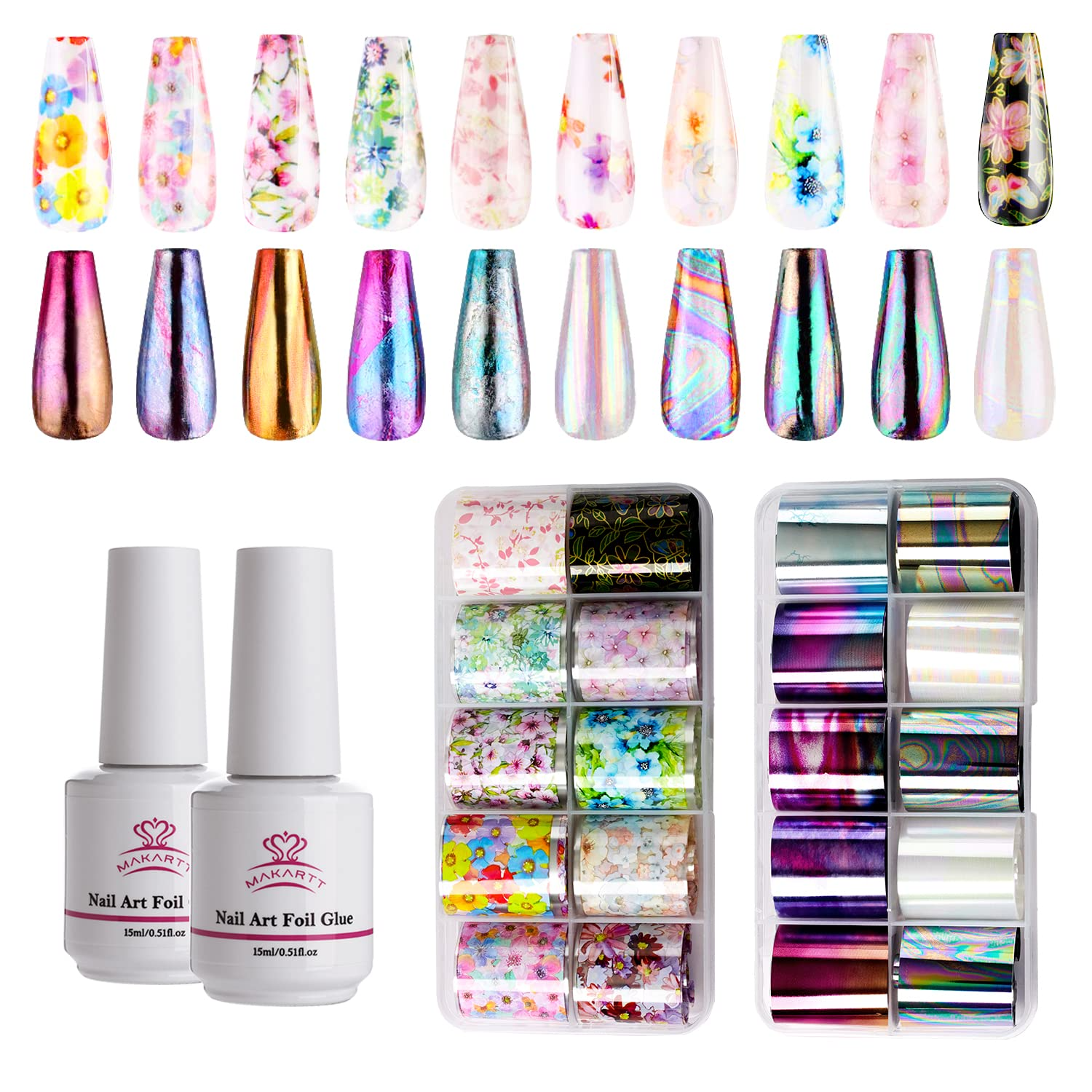 Makartt 2 Bottle Nail Art Foil Glue Gel with 20 Rolls Rose Flowers Metal Foil Stickers Nail Prints Transfer Tips Foil Kit Nail Lamp Required for Christmas