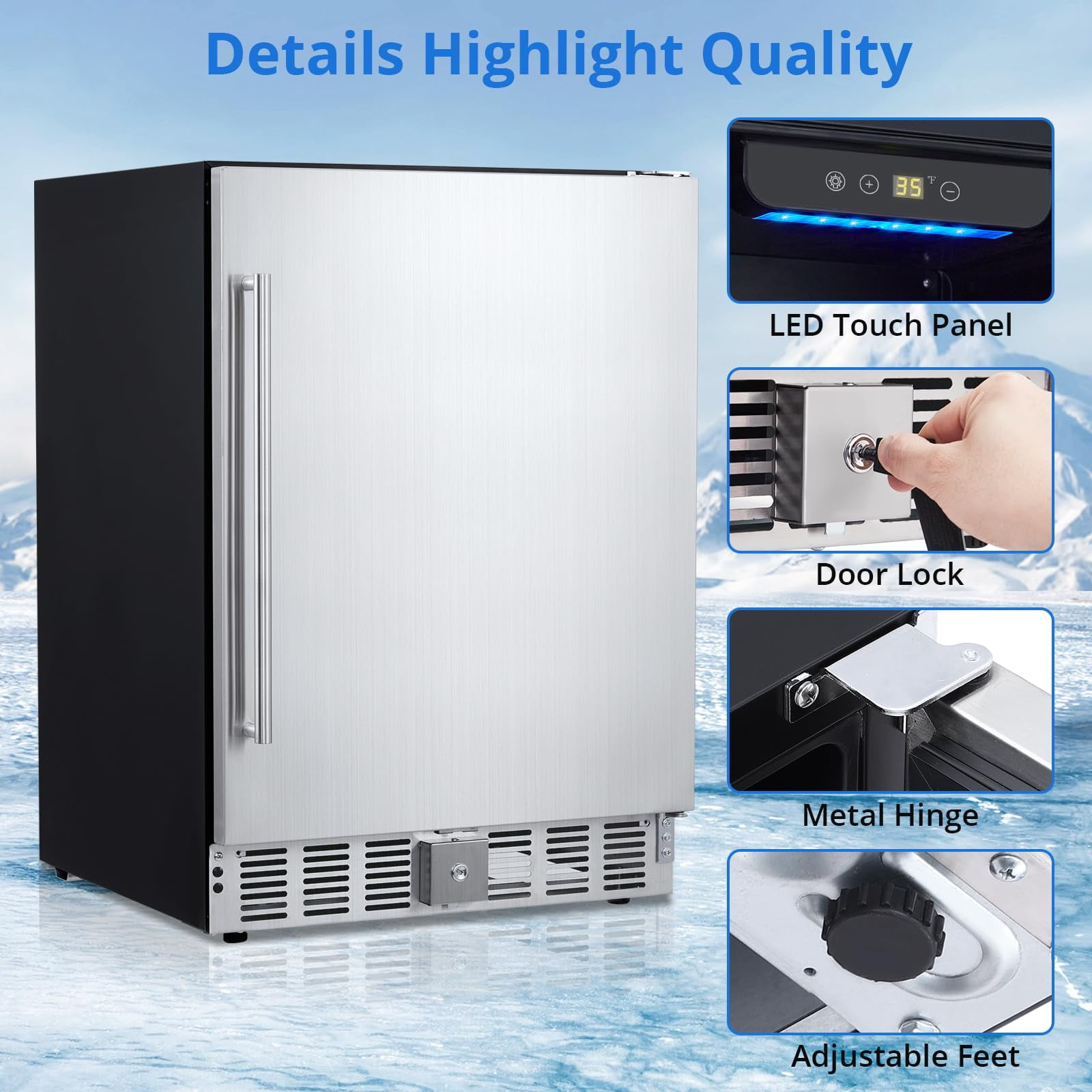 24 Inch Beverage Refrigerator, Weather Proof Stainless Steel Beverage Fridge for Outdoor Kitchen and Patio, Indoor/Outdoor Beverage Cooler for 180 Cans, Built-in/Freestanding
