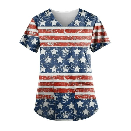

Sksloeg Scrub Tops Women Plus Size American Flag Star Pattern Scrub Nurse Top Shirts Short Sleeve Working Tops Workwear Comfy Shirt Blouses Clothing Navy XXXXL
