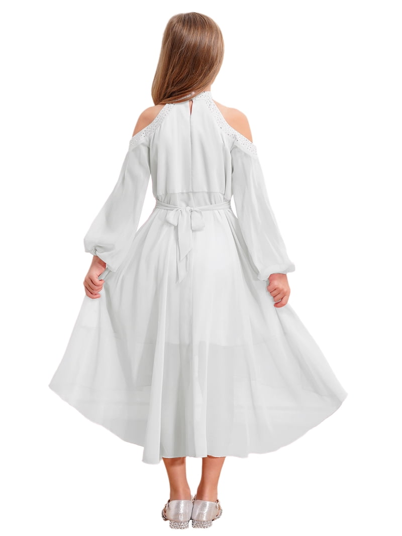 Hansber Junior Wedding Bridesmaid Dress Cold Shoulder Long Sleeve High-Low Hem Chiffon Flower Girl Dresses Ivory 14