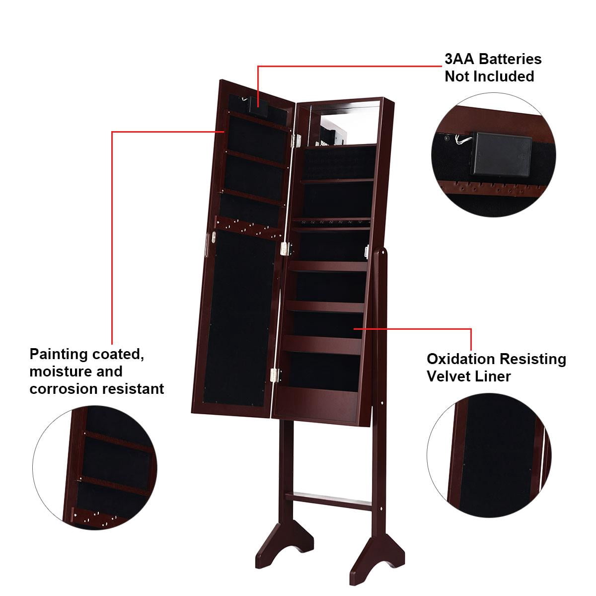 Giantex Jewelry Cabinet Box Armoire Organizer with 18 LED, Standing for Home Bedroom 16 Lipstick Holder 1 Inside Makeup Mirror Full Lights, Large Storage Mirrored Cabinets Jewelry Armoires (Brown)