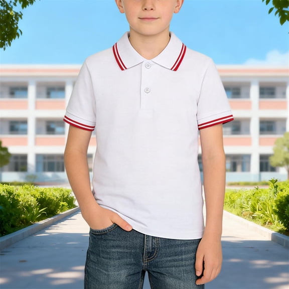 Unisex Solid Color Short Sleeve Polo Shirt with Contrast Trim, Comfortable Shirt for Boys & Girls, School & Daily Activities, 2-15 Years Red 5-6 Years