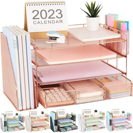 4-Tier Rose Gold Desk Accessories and Organizers Office Supply Holder Desk File Tray Organizer