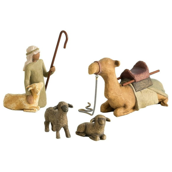 Yellow Willow Tree Hand Painted Sculpted Figures, Nativity Sets Shepherd & Stable Animals, 4/piece Holiday Ornaments