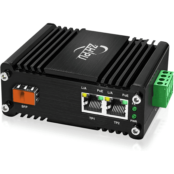 Industrial Gigabit Media Converter 2-Port PoE 30W RJ45 10/100/1000T Ethernet to 100/1000 SFP Fiber,12-48VDC Input Hardened Supports DIN Rail Installation,-40°C~75°C Harsh Environments