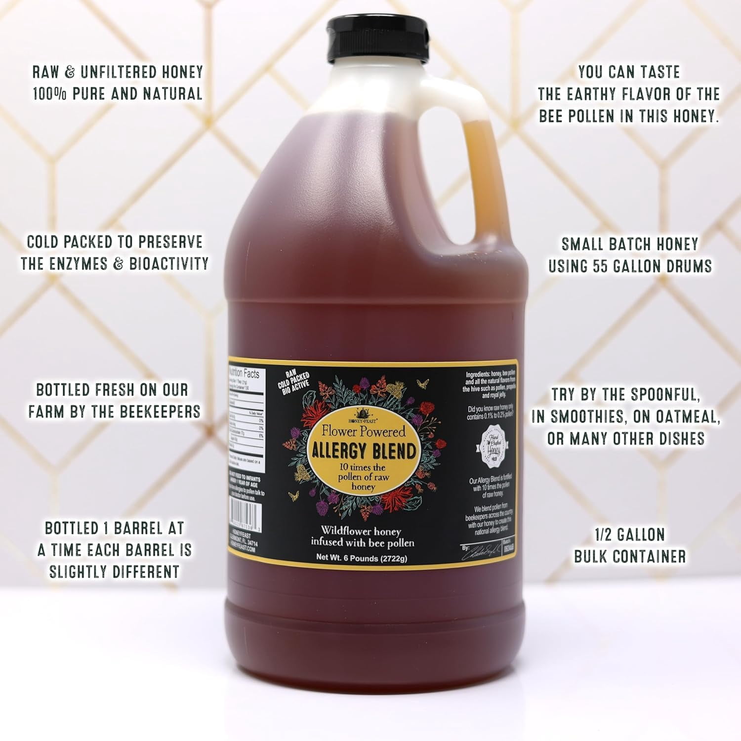HONEY FEAST 6 Pounds Bulk Allergy Blend Honey - Vast American, Florida Crafted, Raw & Unfiltered, High Pollen Content, Directly from Central Florida Beekeepers