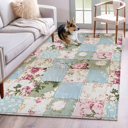Green Blue Pink Botanical Area Rug 3x5 FT, Non Slip Entryway Bedside Carpet, Spring Floral Vintage Washable Soft Floor Carpet Indoor Mat Non-Shedding Throw Rugs for Dorm Kitchen Home Office