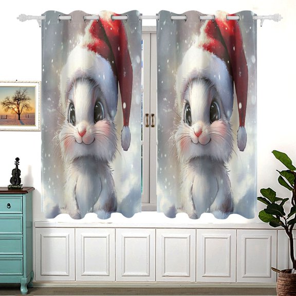 Cute Rabbit Wearing Christmas Hat Snow Window Curtains Drapes with Grommets Light Filtering 2 Panels 54" x 55"