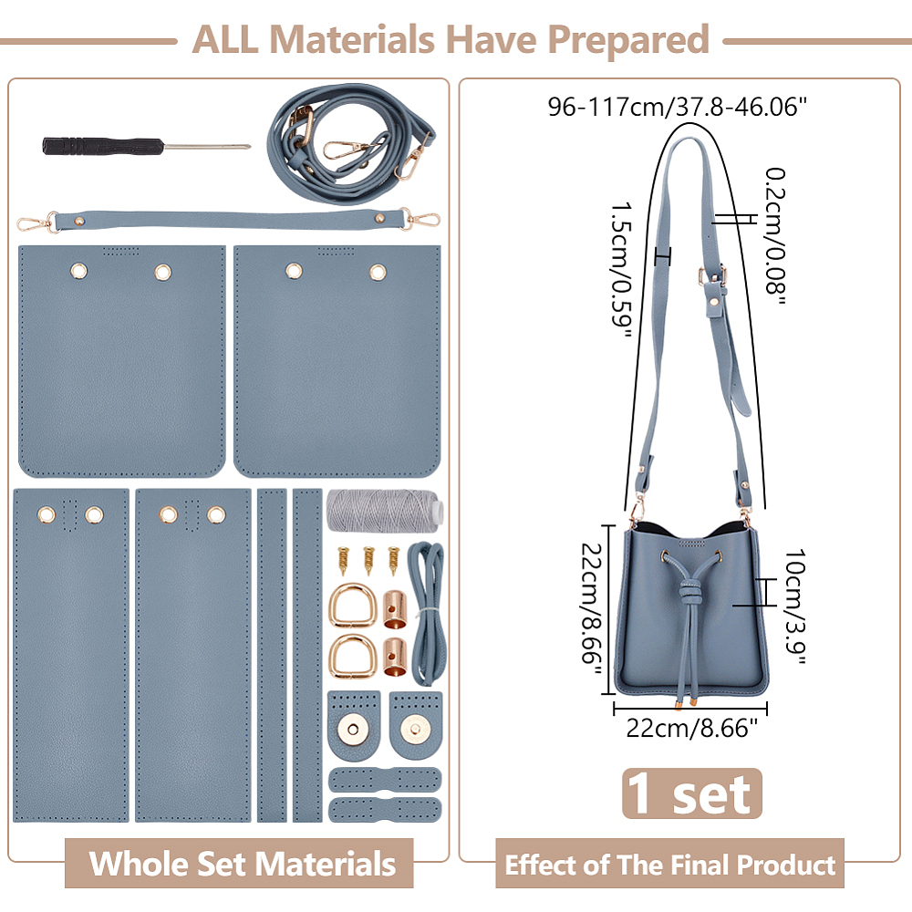 1set DIY Imitation Leather Sew on Women's Crossbody Bucket bag Making Kit including Fabrics D Rings Screw Cord and Needle Screwdriver Slate Gray Fihished Product: 220x200x100mm