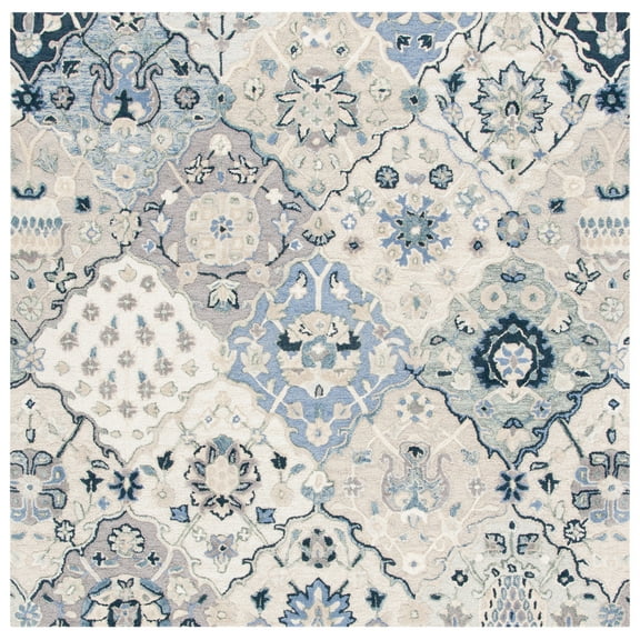 SAFAVIEH Glamour Charmaine Floral Wool Area Rug, Beige/Blue, 4' x 4' Square