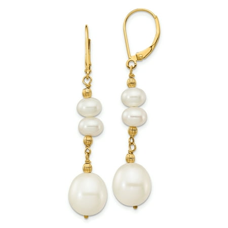 14k Mlb Earrings - 14K Yellow Gold 6-9mm White Freshwater Culutured Pearl Leverback Dangle Earrings