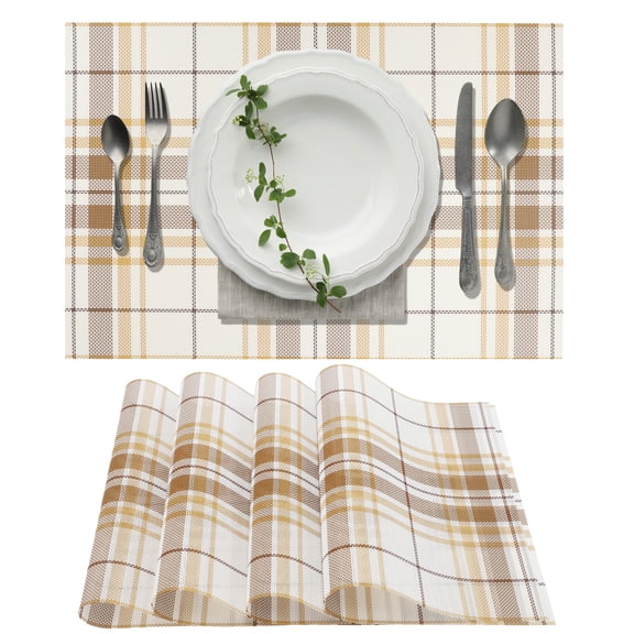 Unique Bargains 4Pcs Grid PVC PET Heat Resistant Washable Table Mats Brown
