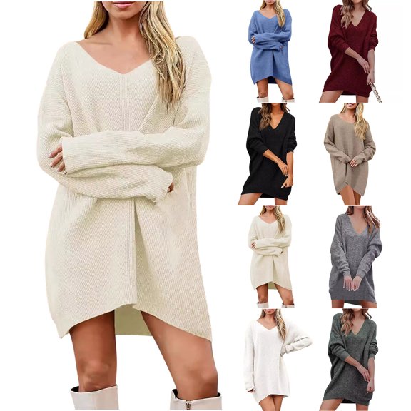 Swuxness Women's Casual Long Sweaters, Women Long Sleeve Sweater Top, Women's V Neck Mid Loose Fitted Soft Comfortable Lightweight Long Sweaters for Ladies Blue, XXL