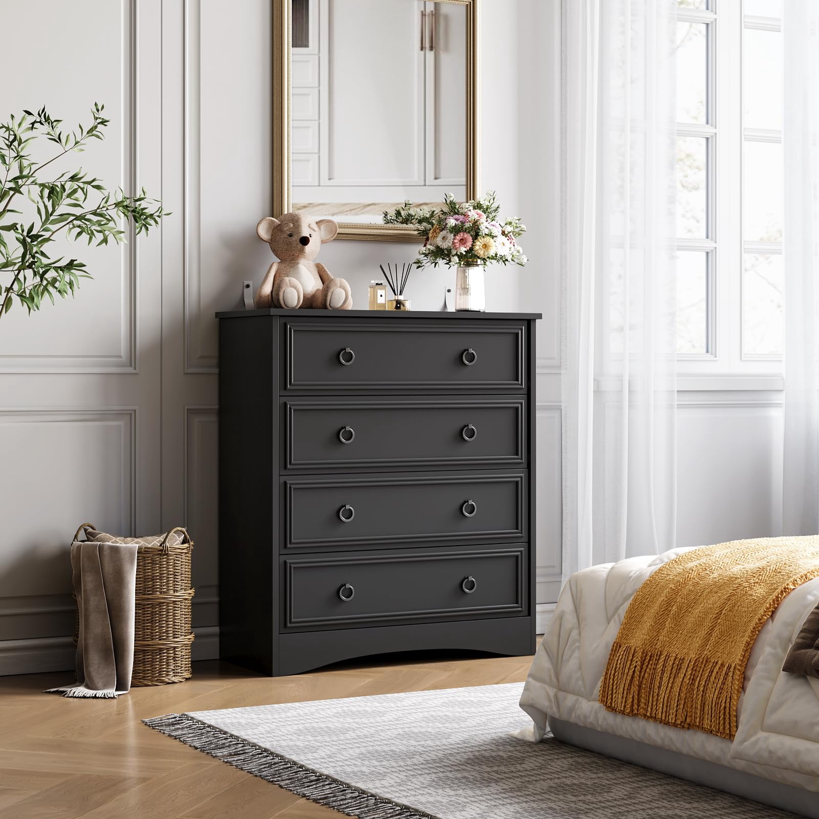 Black 4 Drawer Dresser for Bedroom, Vertical Chest Of Drawers Wood Storage Cabinet for Living Room