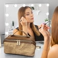 thumbnail image 5 of Neceser de cuero con doble cremallera y diseño de bloques de colores, organizador con divisores mejorados para maquillaje y artículos de tocador, bolsas de almacenamiento de cosméticos a juego., 5 of 5