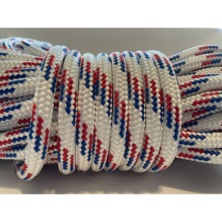 3/8 x 100 ft. Premium Double Braid/Yacht Braid Polyester Rope.White w/ Red  and Blue Tracers. Made in USA 