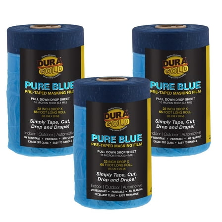 Dura-Gold 22" Wide x 65' Long Roll of Pure Blue Pre-Taped Masking Film, 3 Pack - Pre-Folded Overspray Paintable Plastic Protective Sheeting, Pull Down Drop Sheet - Auto Painting, Cover Walls Furniture