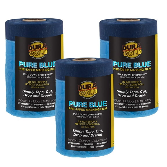 Dura-Gold 22" Wide x 65' Long Roll of Pure Blue Pre-Taped Masking Film, 3 Pack - Pre-Folded Overspray Paintable Plastic Protective Sheeting, Pull Down Drop Sheet - Auto Painting, Cover Walls Furniture