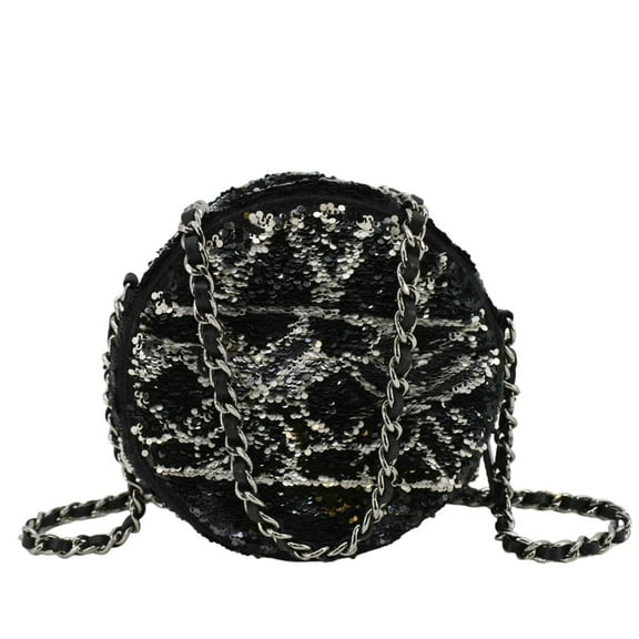 Pre-Owned CHANEL Round Tweed Clutch Crossbody Bag Black