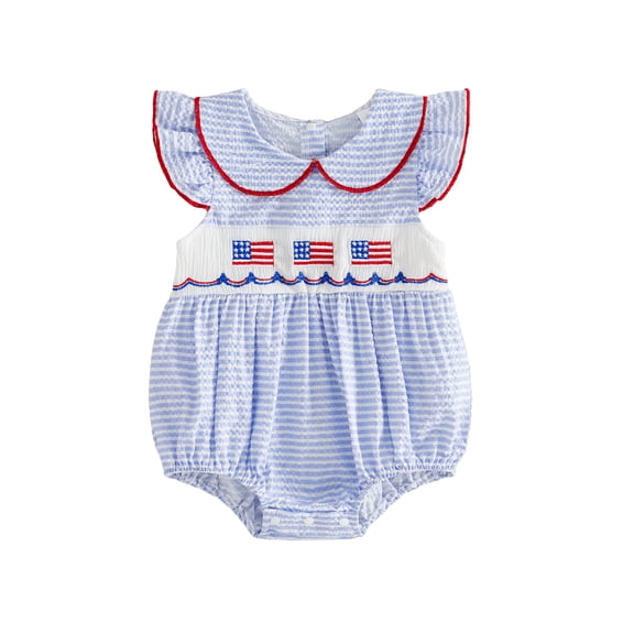 BemeyourBBs Newborn Baby Girl 4th of July Outfit Patriot Independent Day Clothes Summer Bubble Romper 0 3 6 12 18 Months USA Flag Embroidery Striped Doll Collar Fly Sleeves Bodysuit Jumpsuit Playsuit