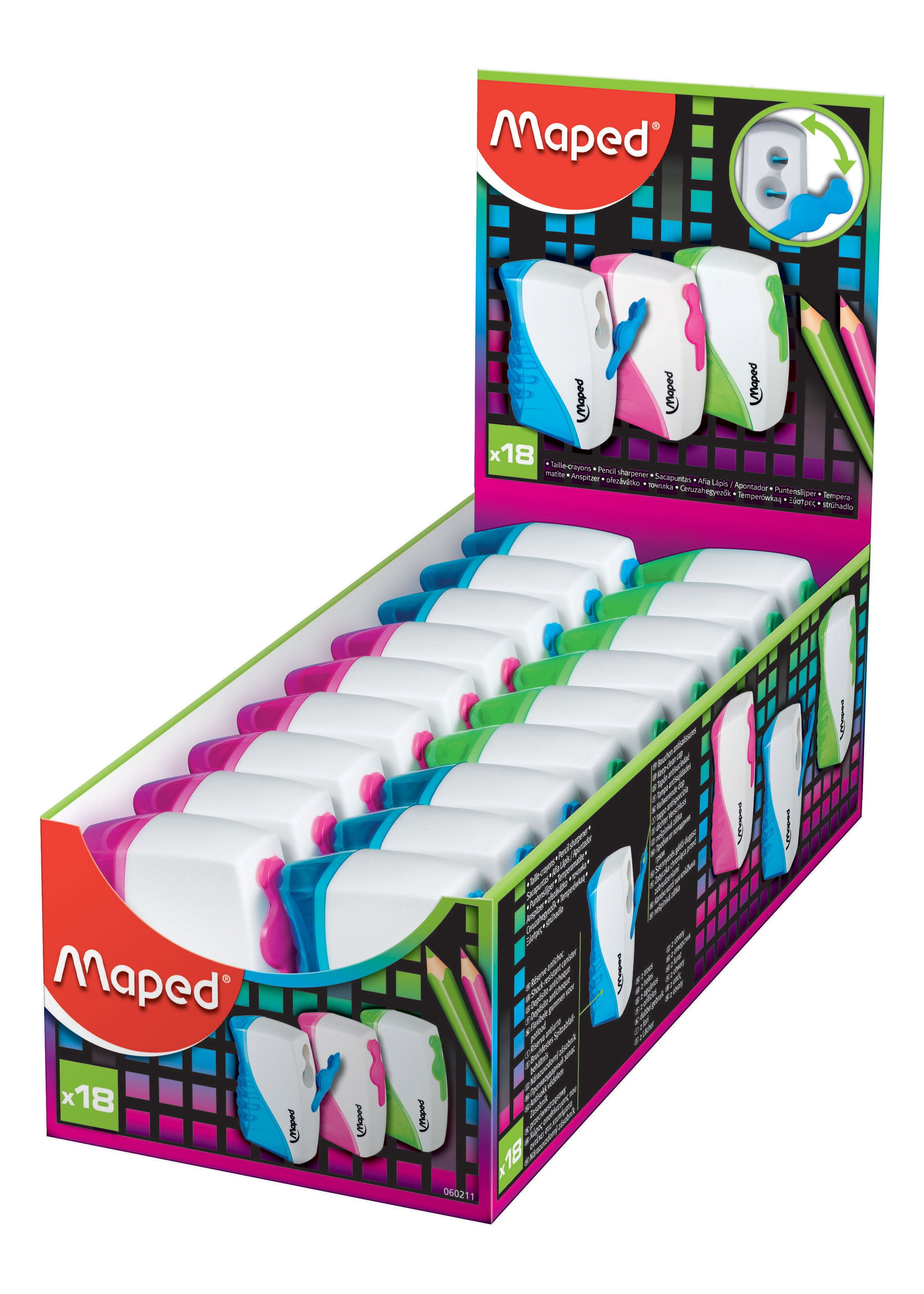Maped Vertical 2-Hole Locking Canister Pencil Sharpener Display, 18 Pieces