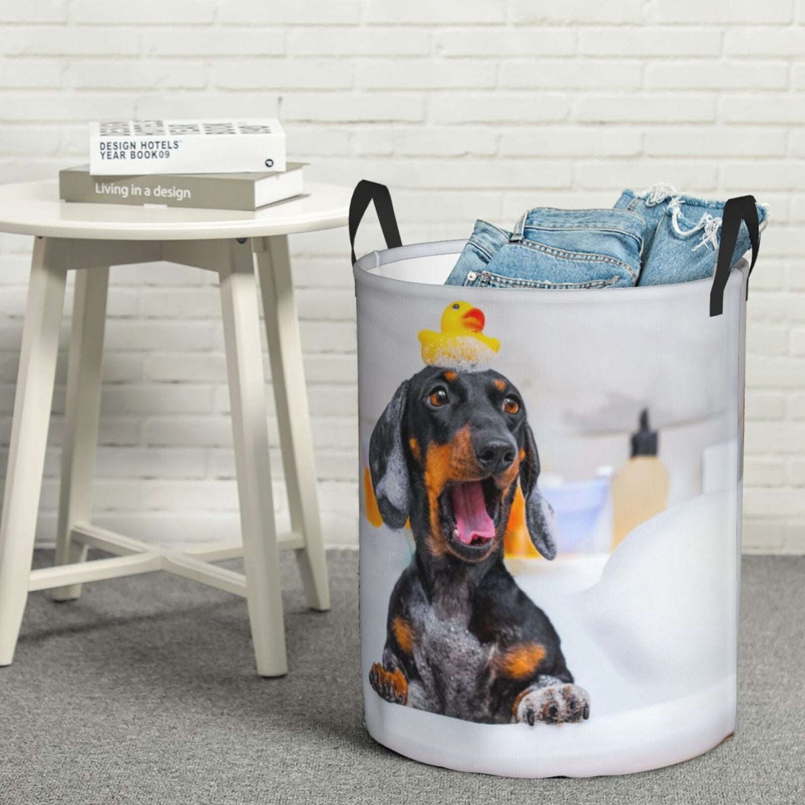 Gukieu Puppy Sits In Bathtub Print Round Dirty Clothes Bag, Waterproof Standing Home Bathroom Storage Basket Car Trunk Storage Bag-Small