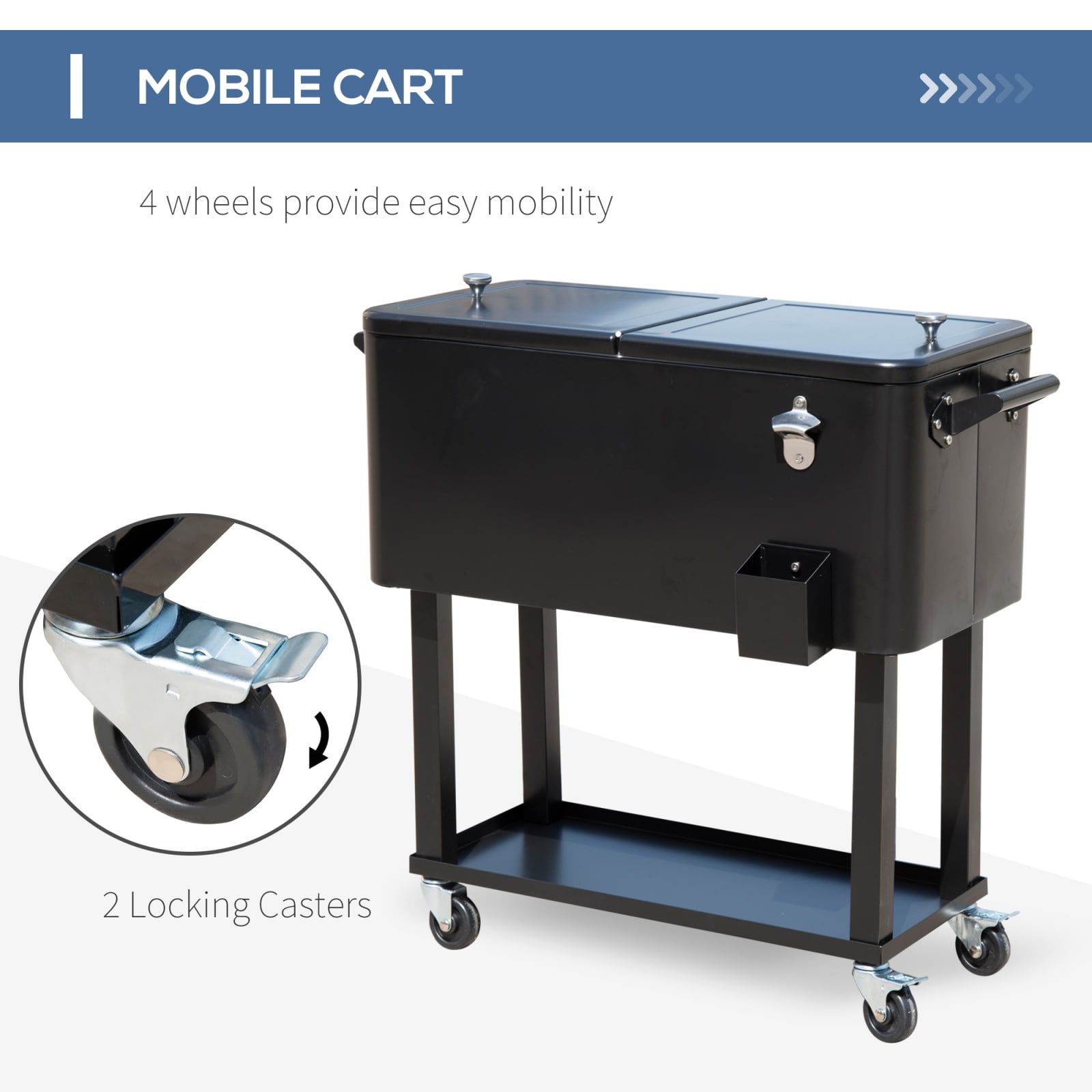 80 QT Rolling Cooling Bins Ice Chest on Wheels, Outdoor Stand-Up Drink Cooler Cart for Parties, Backyard, Poolside