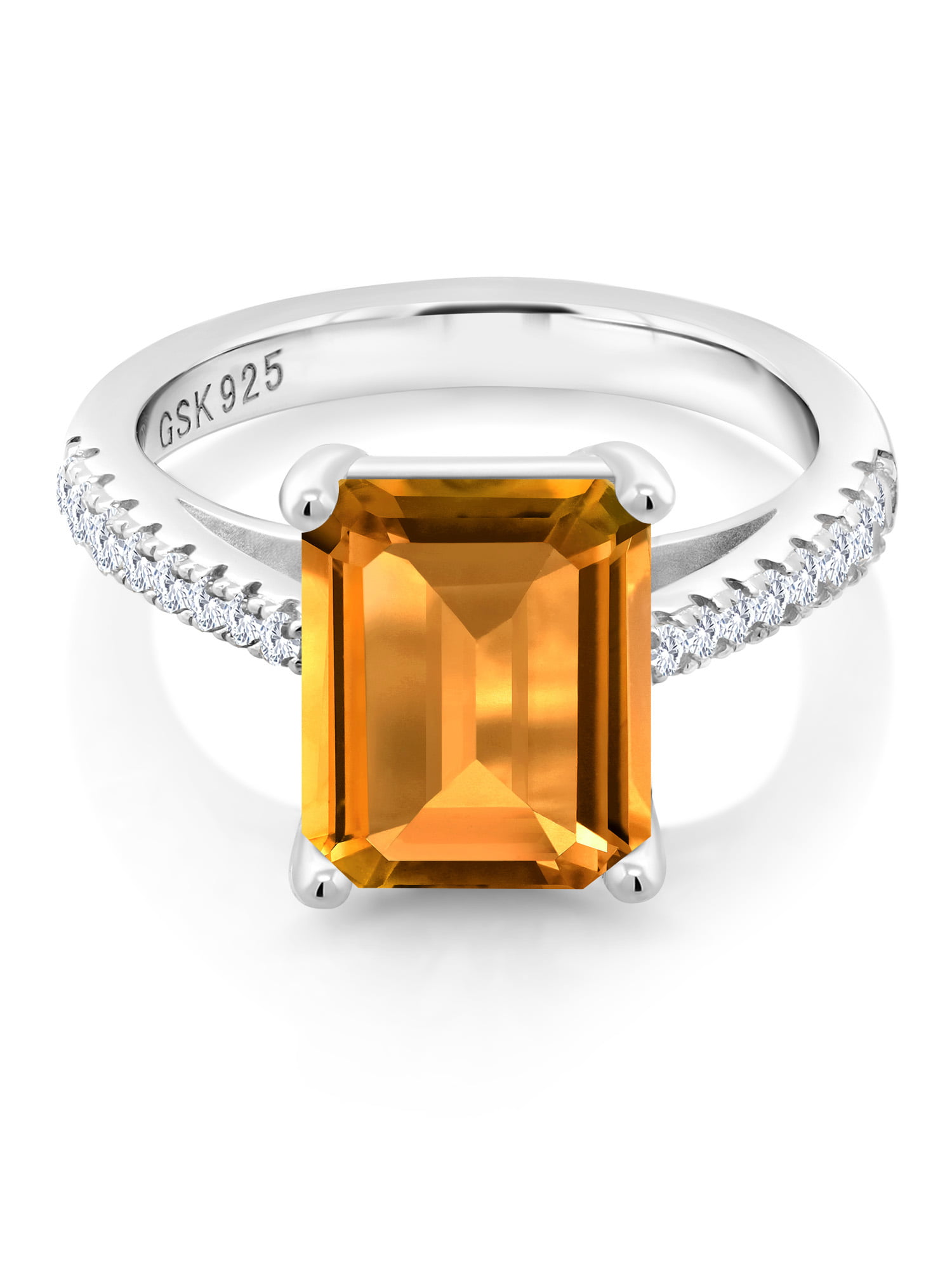 Women 925 Silver Wedding Engagement Ring Emerald Cut Citrine Ring Size 6-10 