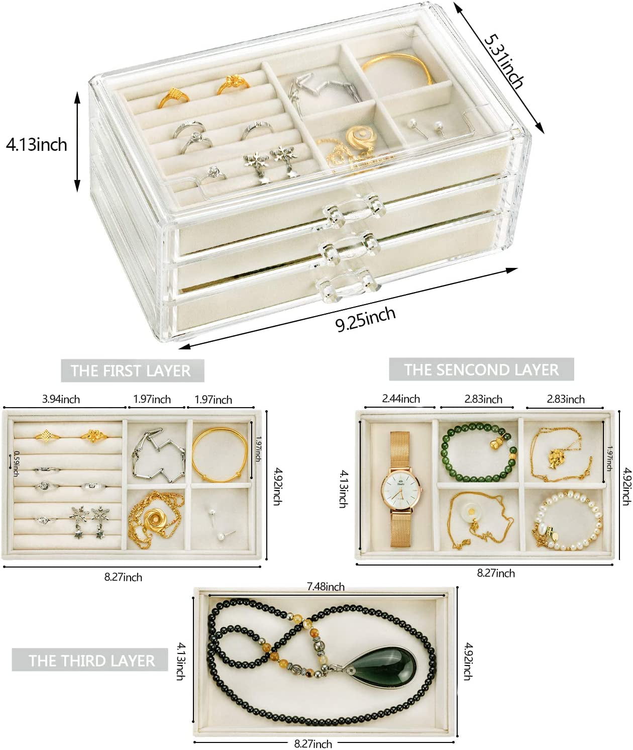 Jewelry Organizer with 3 Drawers Clear Acrylic Jewelry Box | Caroeas 24x13.5x13.5cm / Beige1