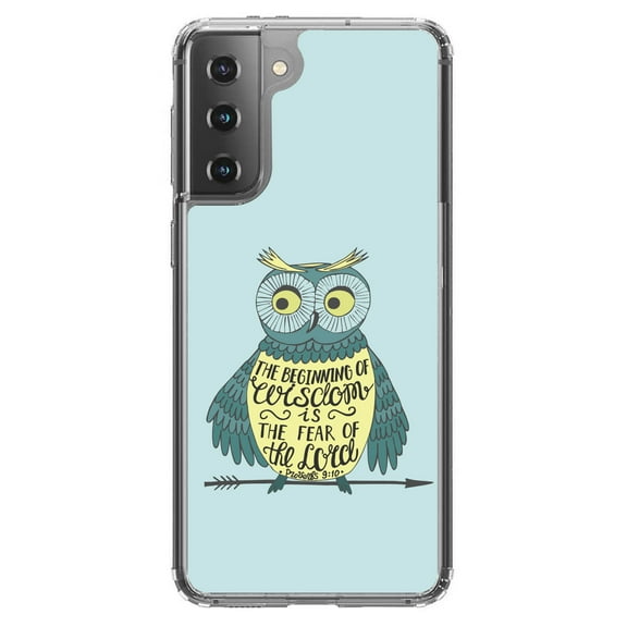 DistinctInk Clear Shockproof Hybrid Case for Galaxy S21 5G (6.2" Screen) - TPU Bumper, Acrylic Back, Tempered Glass Screen Protector - Proverbs 9:10 - Beginning of Wisdom is Fear of Lord