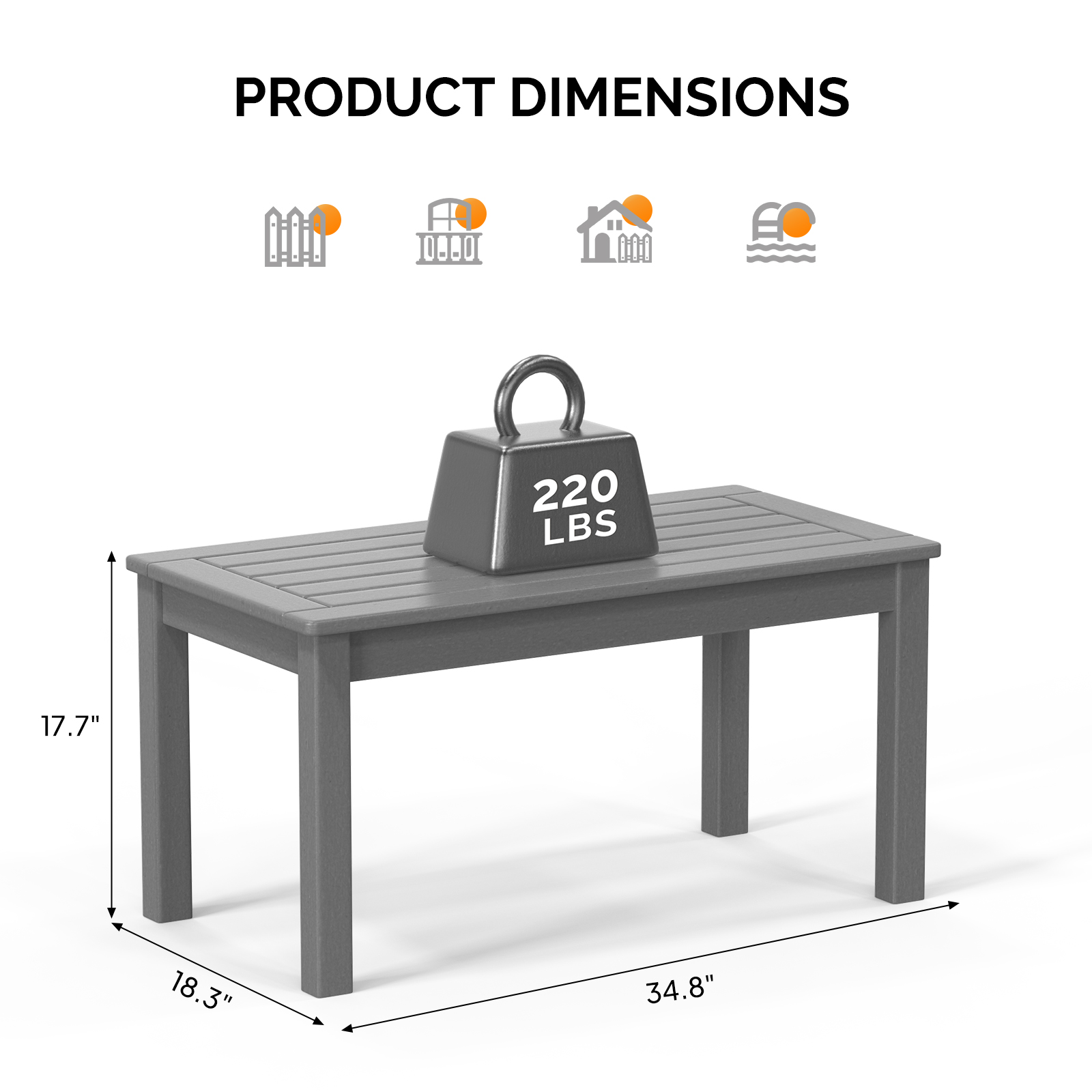 UBesGoo HDPE Outdoor Patio Table, Rectangle Coffee End Table, All Weather Deck Balcony Garden Porch Table, Gray