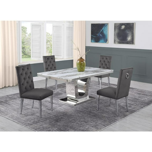 White Marble 5 piece Dining Set with Silver Stainless Steel Base